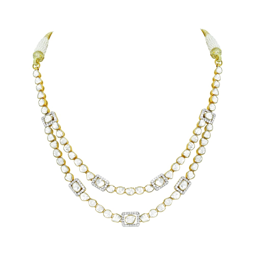 Double-Layer Polki Necklace with Round and Square Motifs